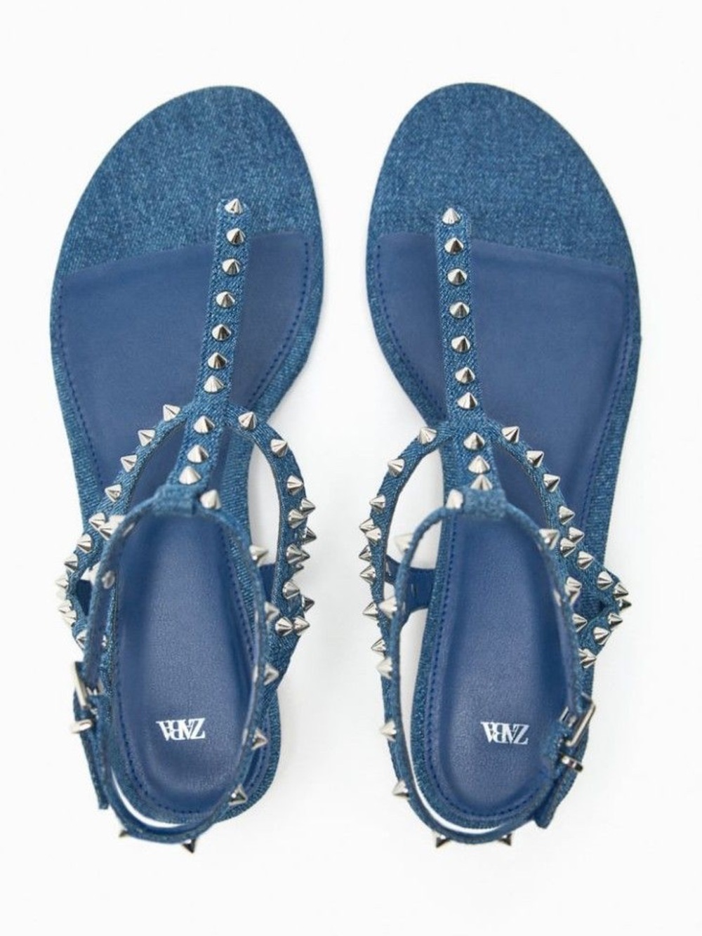 Zara Denim gladiator Studded T-Strap Sandals Blue denim silver flats strappy 40
